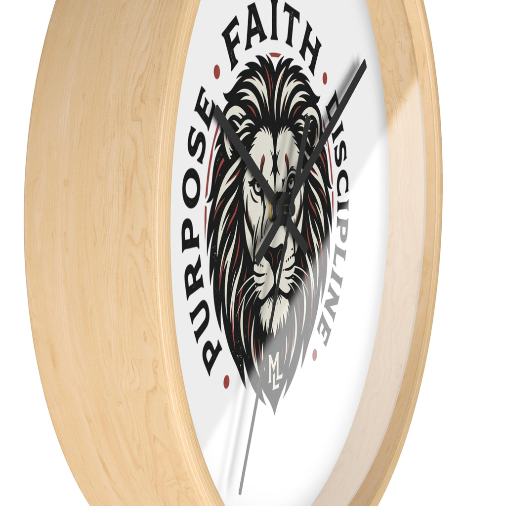 Lion Emblem Wall Clock — "Purpose • Faith • Discipline" Motivational Home Decor