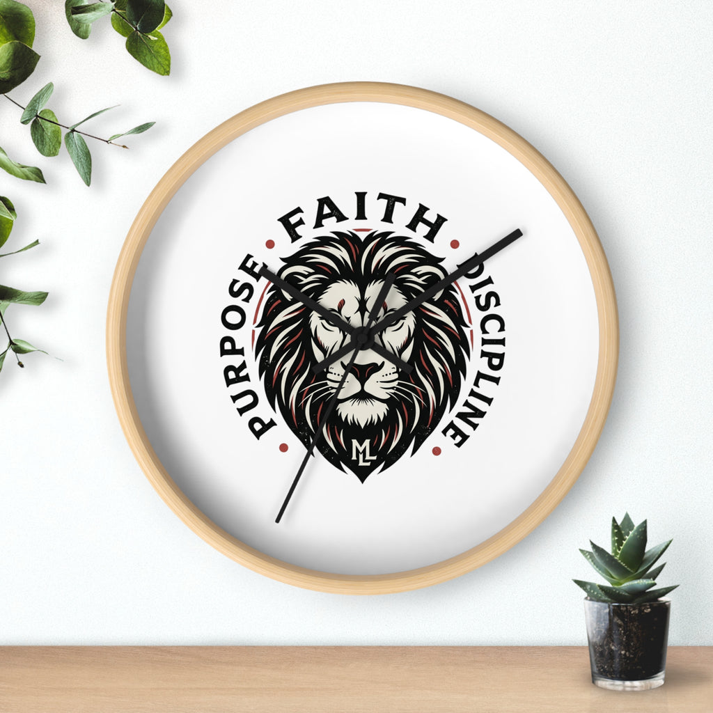 Lion Emblem Wall Clock — "Purpose • Faith • Discipline" Motivational Home Decor