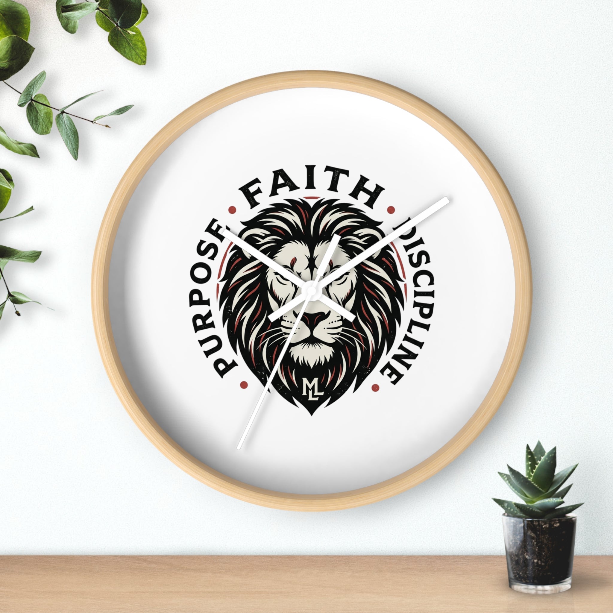 Lion Emblem Wall Clock — "Purpose • Faith • Discipline" Motivational Home Decor