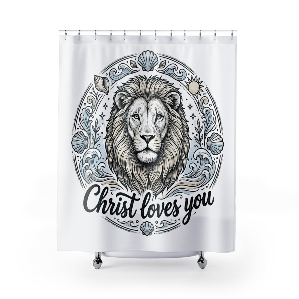 Lion of Judah Shower Curtain — "Christ Loves You" Christian Bathroom Decor