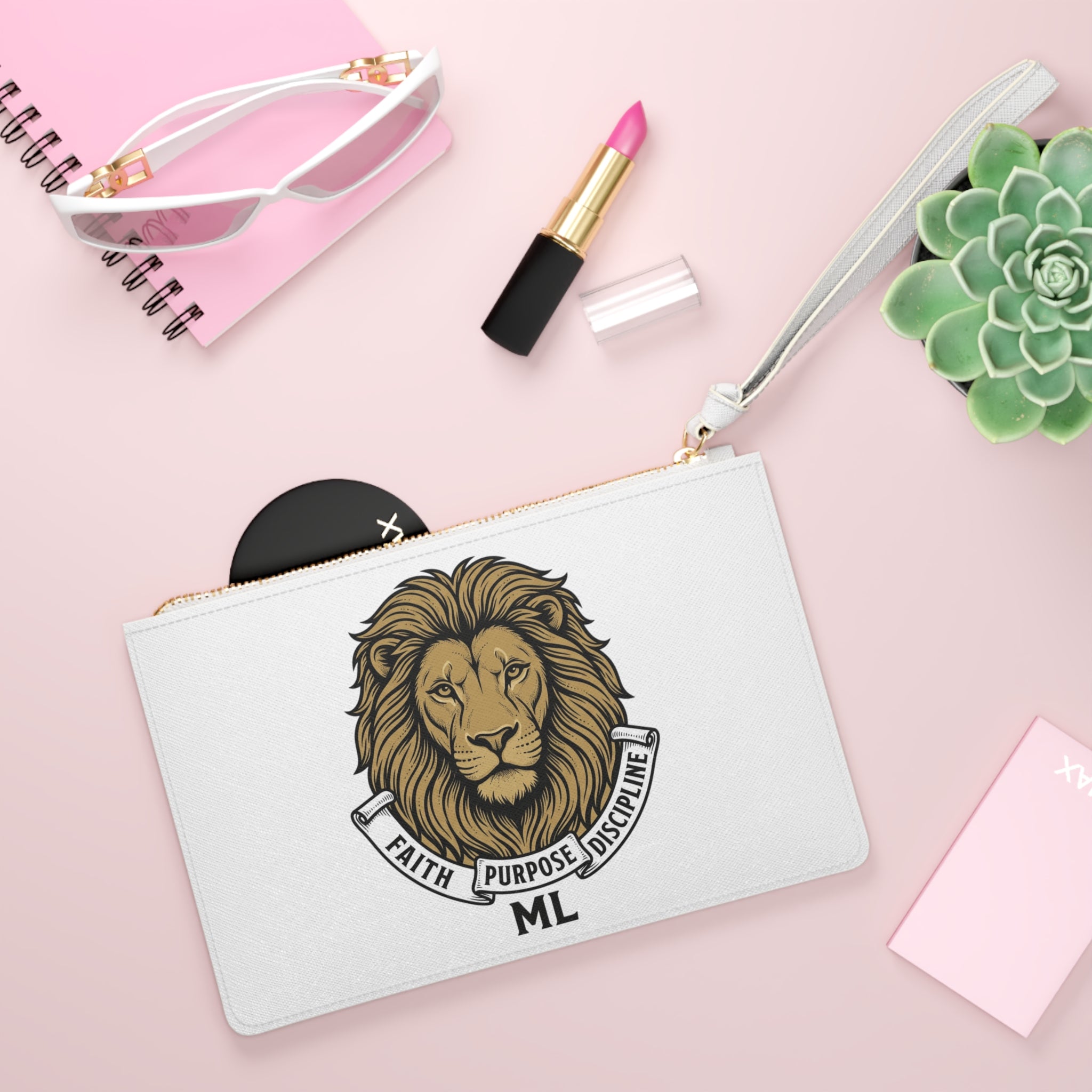 Lion Crest Clutch — "Faith Purpose Discipline" Personalized Wristlet