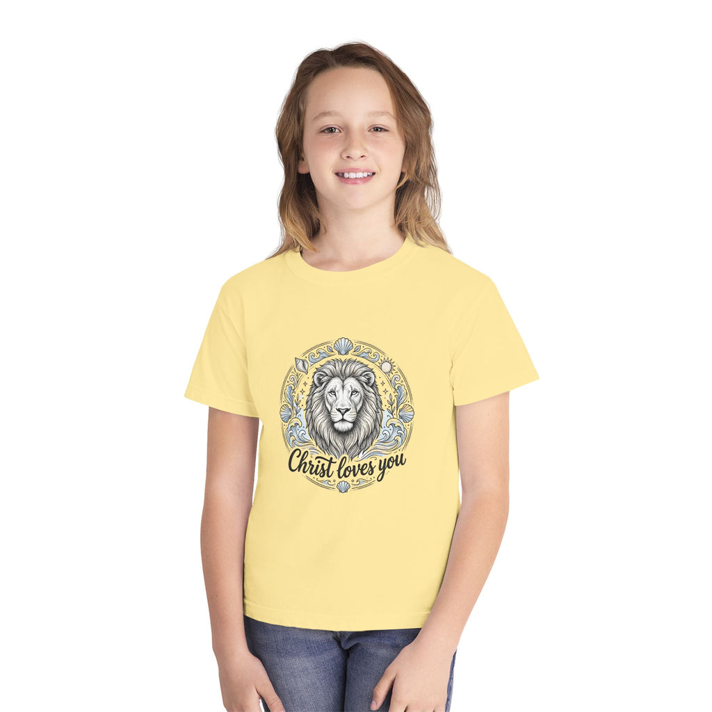 Youth Tee — 'Christ Loves You' Lion Graphic Christian T‑Shirt
