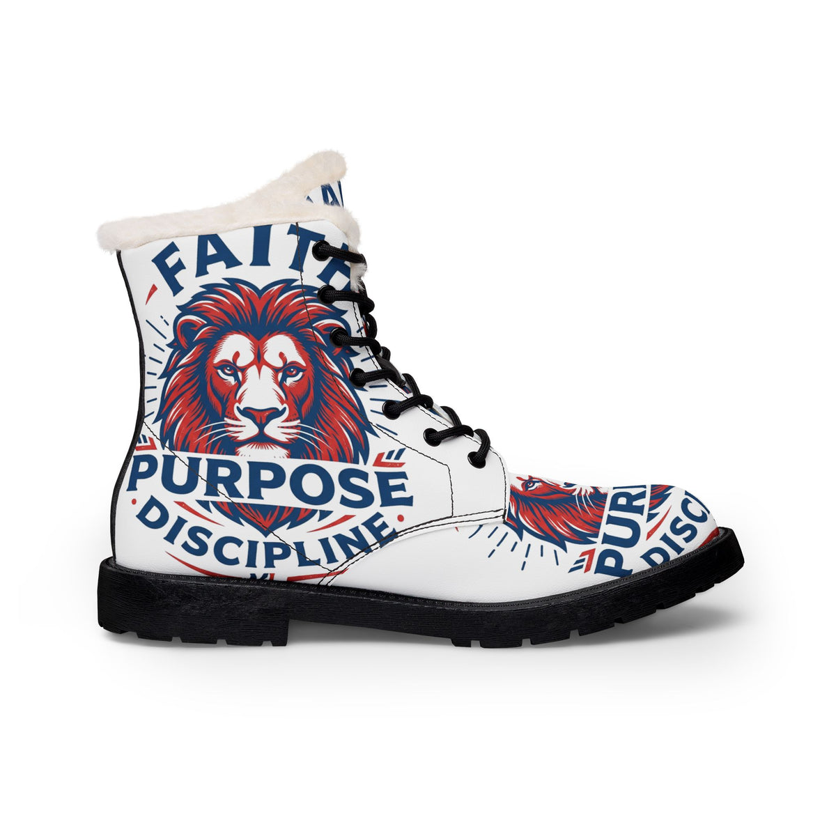 Lion Emblem Fur-Lined Boots — "Faith, Purpose, Discipline"
