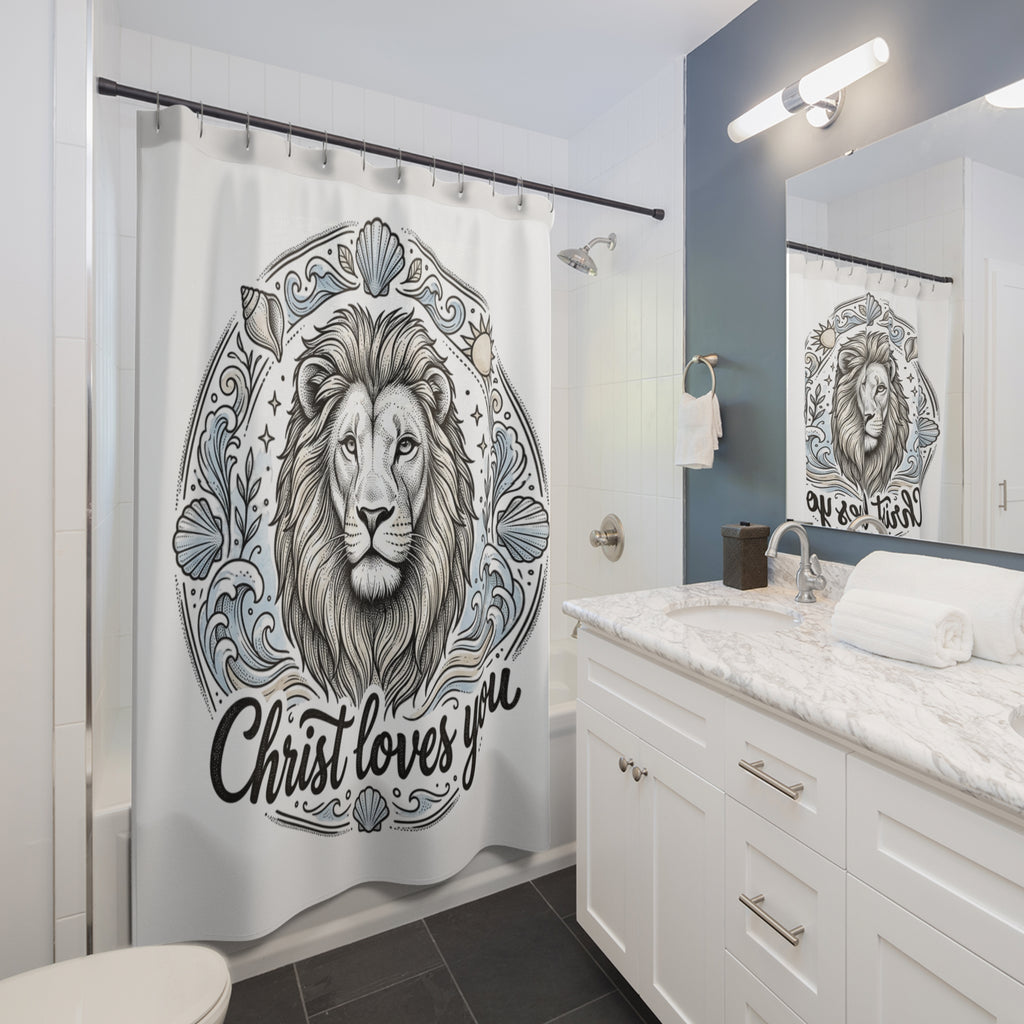 Lion of Judah Shower Curtain — "Christ Loves You" Christian Bathroom Decor