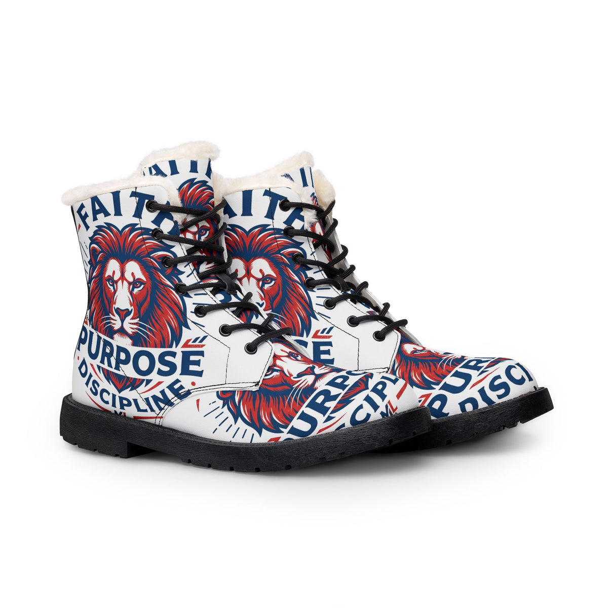 Lion Emblem Fur-Lined Boots — "Faith, Purpose, Discipline"