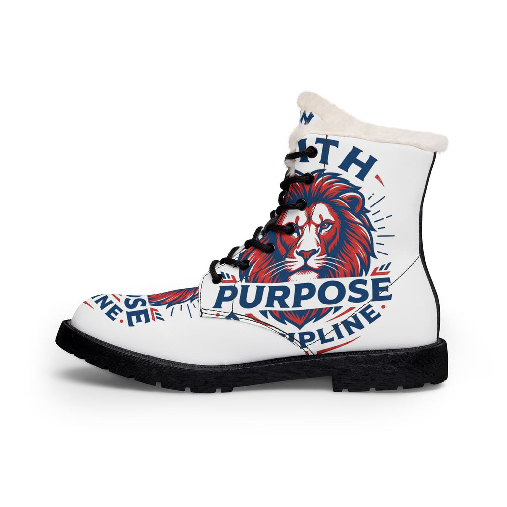 Lion Emblem Fur-Lined Boots — "Faith, Purpose, Discipline"