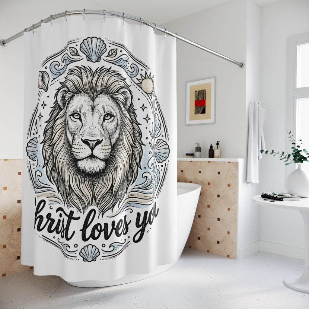 Lion of Judah Shower Curtain — "Christ Loves You" Christian Bathroom Decor